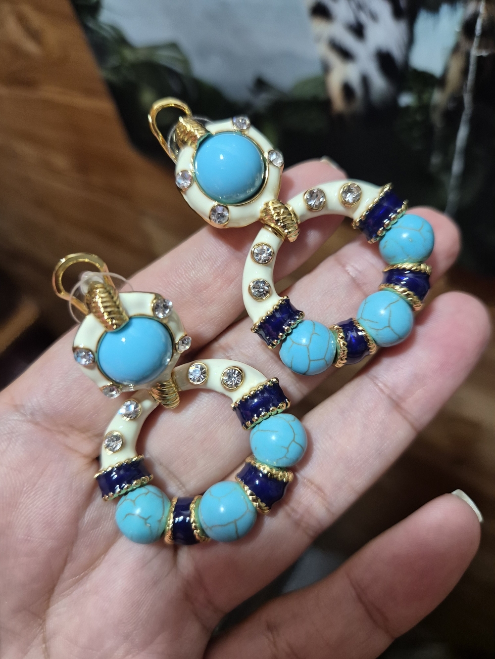 Turquoise Beaded Hoop Drop Earrings with Gold Accents